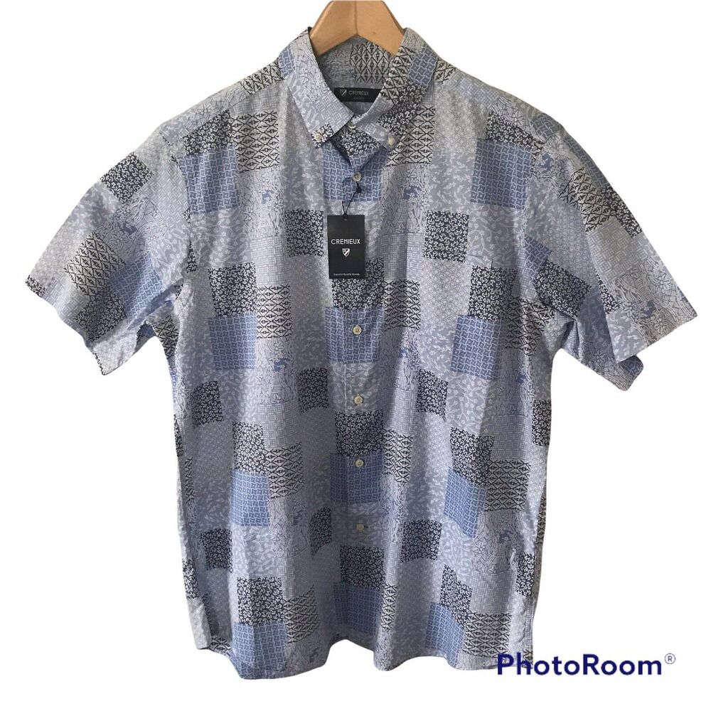 CREMIEUX Classics Mens SS Patchwork Print Shirt Size Large Button Front Blue $75